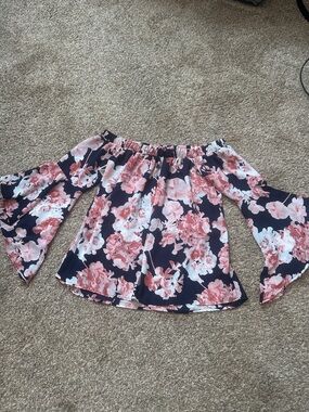 Floral Off-Shoulder Bell Sleeve Top - Navy and Pink
